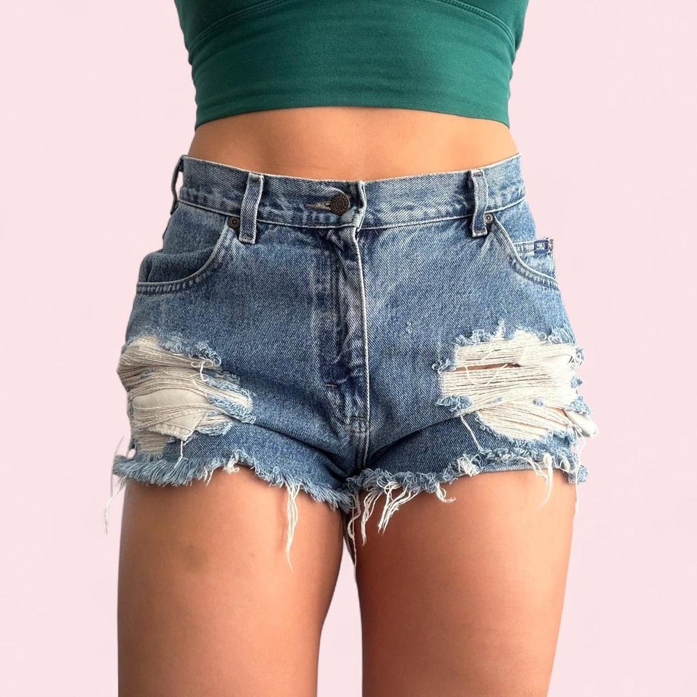 Lee Vintage 90s High Rise Distressed Denim Shorts Medium Wash Cut Offs Size 30